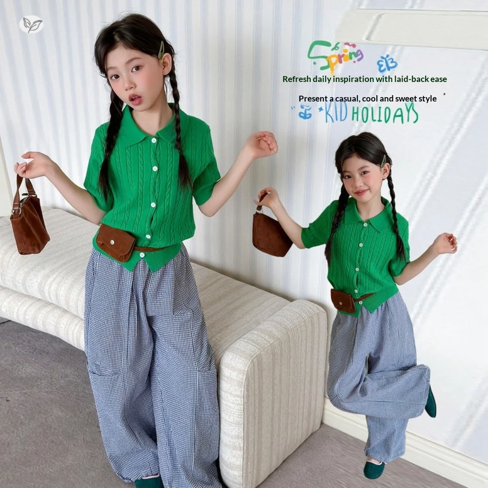 

Новый весенний комплект для девочек 2026 года: 2 предмета в ретро-стиле (Гонконг) — рубашка поло и брюки в клетку для подростков ростом 120-170 см