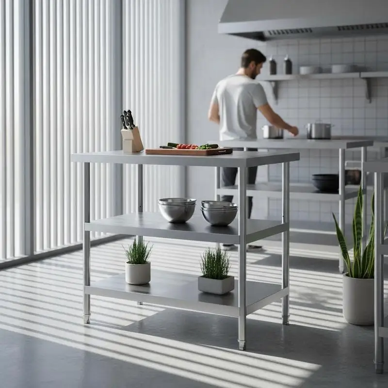 Metal Workstation 18 X 36 X 34 Inch for Commercial Kitchen BBQ Garage, 2 Adjustable Undershelves Heavy Duty Preparation Surface Garage Organization Warehouse Equipment Utility Table view 2