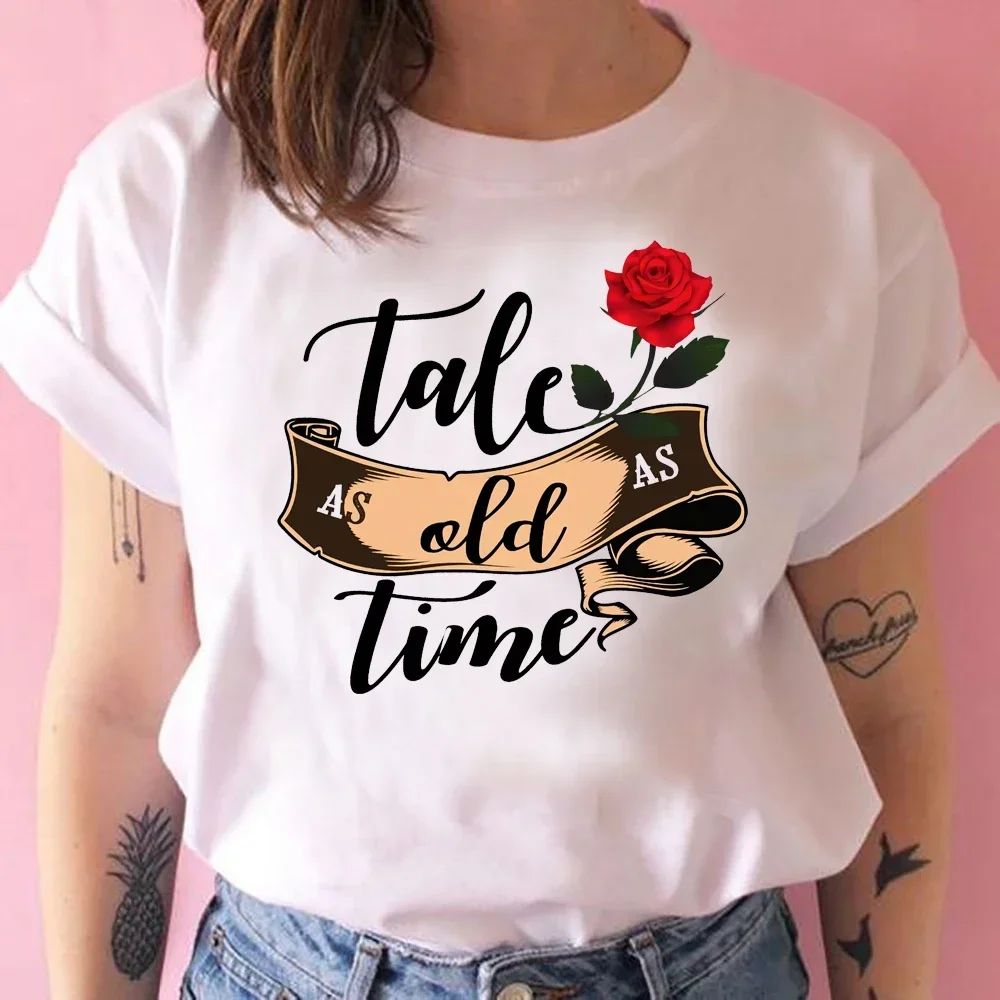 2024 Beauty and Beast Shirt Cute Tale As Old As Time T-shirt Girls Fairy Tale Rose Graphic Tee Belle Women Harajuku Tops Cotton