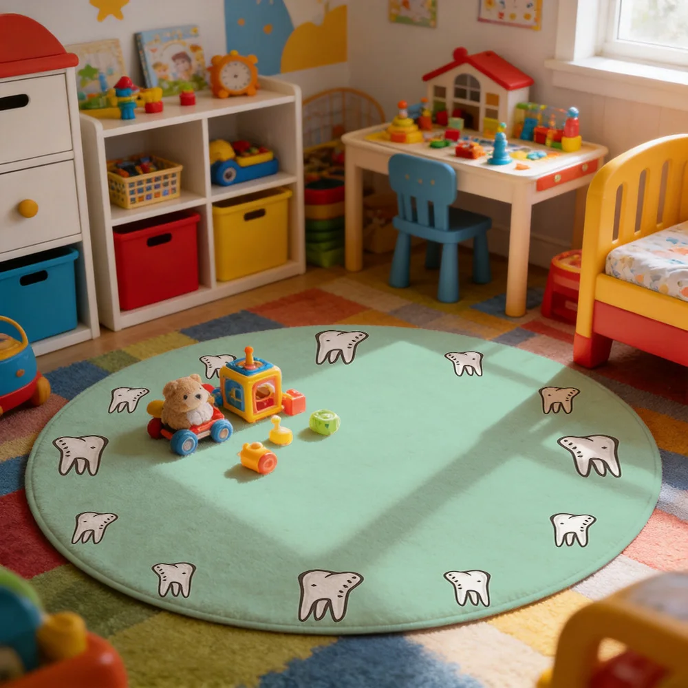 Cute Tooth Shaped Round Area Rug for Kids Nursery Playroom Bathroom Decor Washable Soft Mat