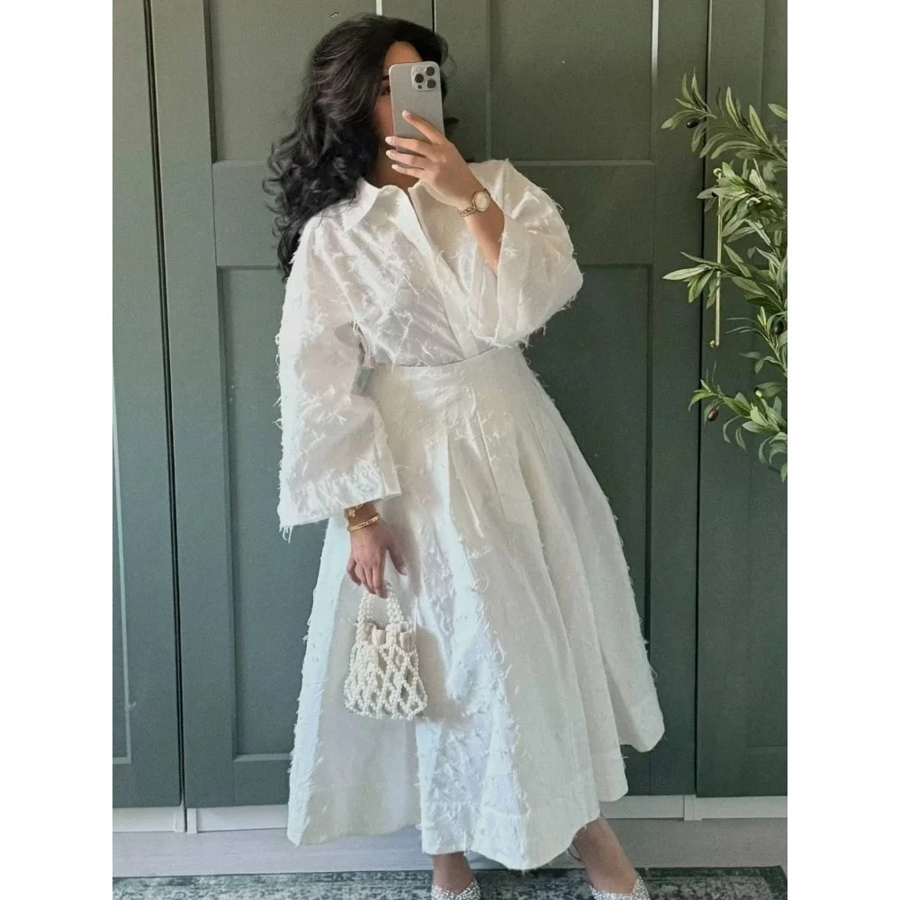 

Tassel Shirt Long Skirt Suit Women Loose Lapel Buttons Blouse A-line Skirt Set Female Full Sleeve 2025 Autumn white Sets Lady
