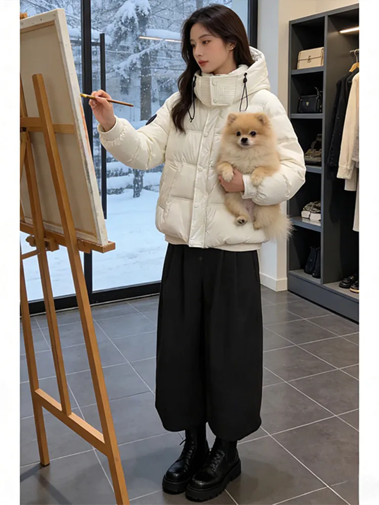 

Теплый зимний комплект: пуховик с капюшоном и прямые брюки из хлопка, модный зимний костюм из двух предметов