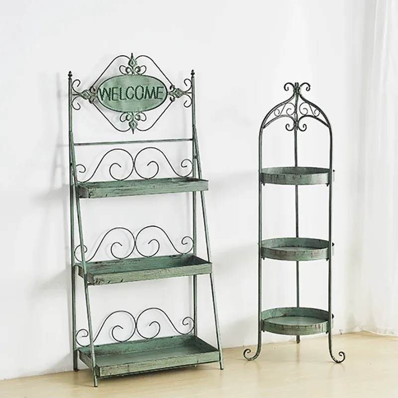 LH retro three-layer home wrought iron flower stand decorative storage rack