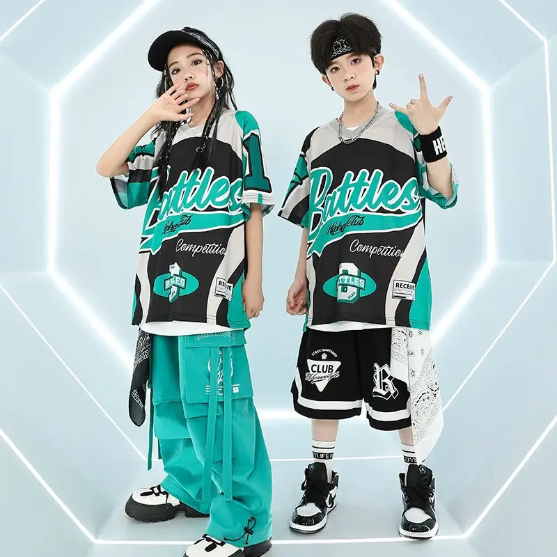 2024 Kids Hip Hop Dance Costumes Blue Loose T-Shirts Cargo Pants Streetwear For Girls Boys Jazz Performance Stage Wear