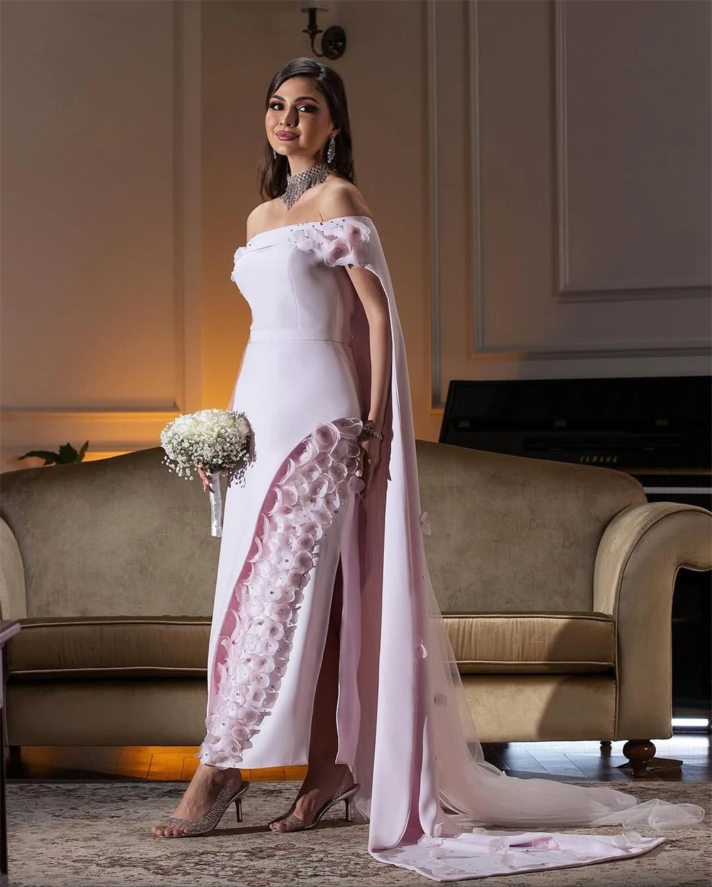 Aangepaste klassieke roze jersey avondjurk formele boothals uit de schouder galajurk zachte rechte rechter trein feestjurk