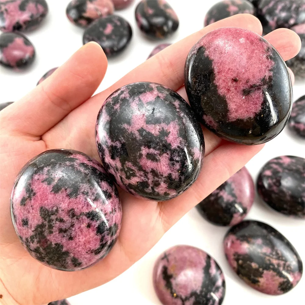 1pc Rhodonite Crystal Palm Stone, Pink to Red-Pink Bohemian Stone with Black Vein, Hand-Picked Unique Pocket Crystal, Home Decor