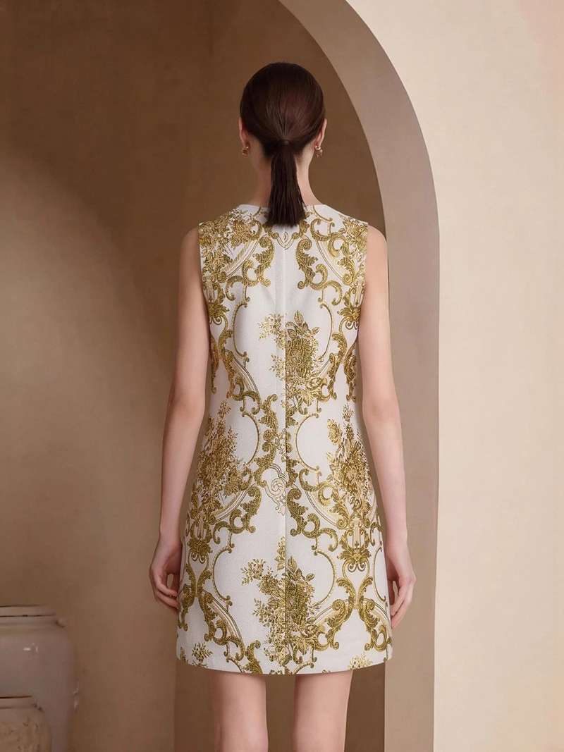 MIUXIMAO 2026 Slim Spring Summer Dress Golden Flower Leaf Jacquard A-Line Mini Short Diamonds Dress Women's Vestido Fashion