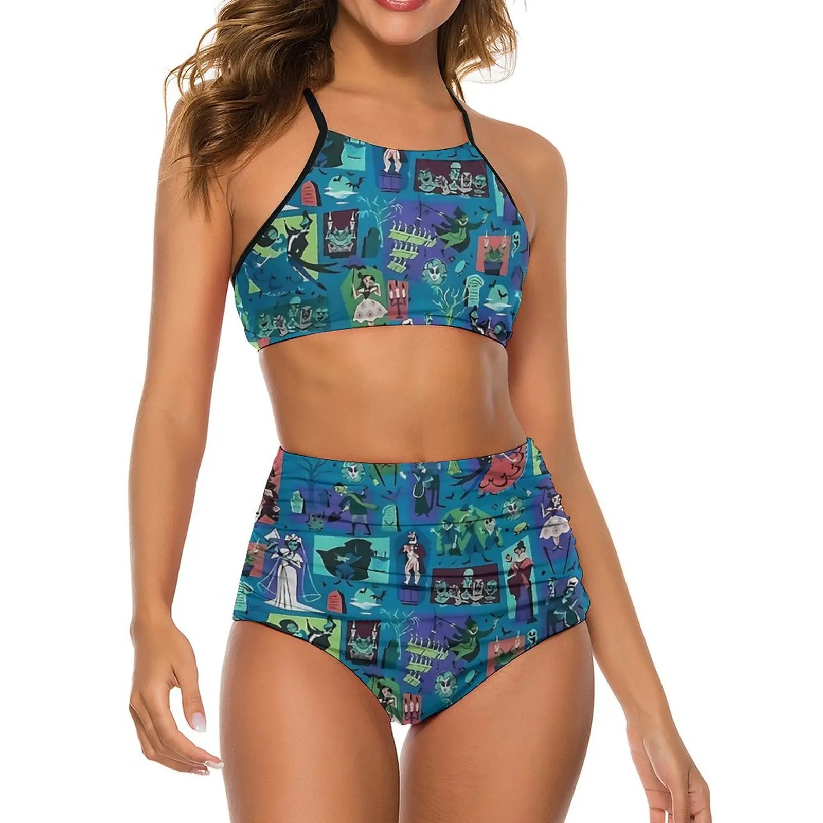 

Haunted Mansion Bikini Swimsuit Sexy Halloween Design High Waist Bikinis Set Female Two Piece Swimwear Swimsuits Rave Beachwear