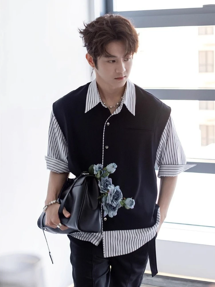 

Trendy Men's Spliced Short Sleeve Shirt 2026 Summer New Striped Versatile Stylish Streetwear Design
