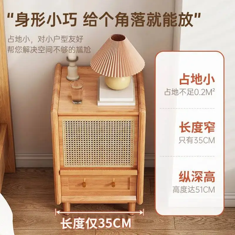 

Nightstands Storage Bedside Table Solid Wood Cabinet Weaving Minimalist Stands Narrow Rattan Modern Mini Night For Home Bedroom