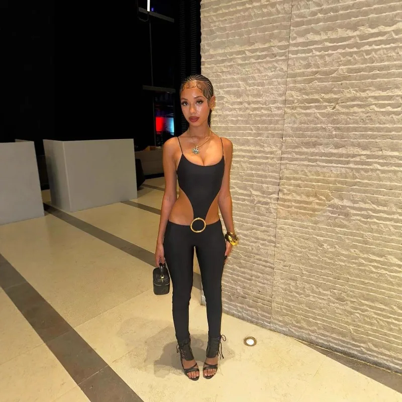 Women Sexy Metal Ring Solid Camisole Skinny Jumpsuits Spaghetti Straps Backless Booty Lifting Slim Night Clubwear Overalls
