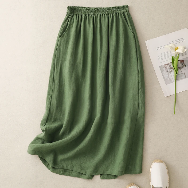 

Slimming Effect Cotton Linen Midi Skirt High Waist A-Line Casual een Women's f Body Skirt Summer New Sle Retro Pure Color