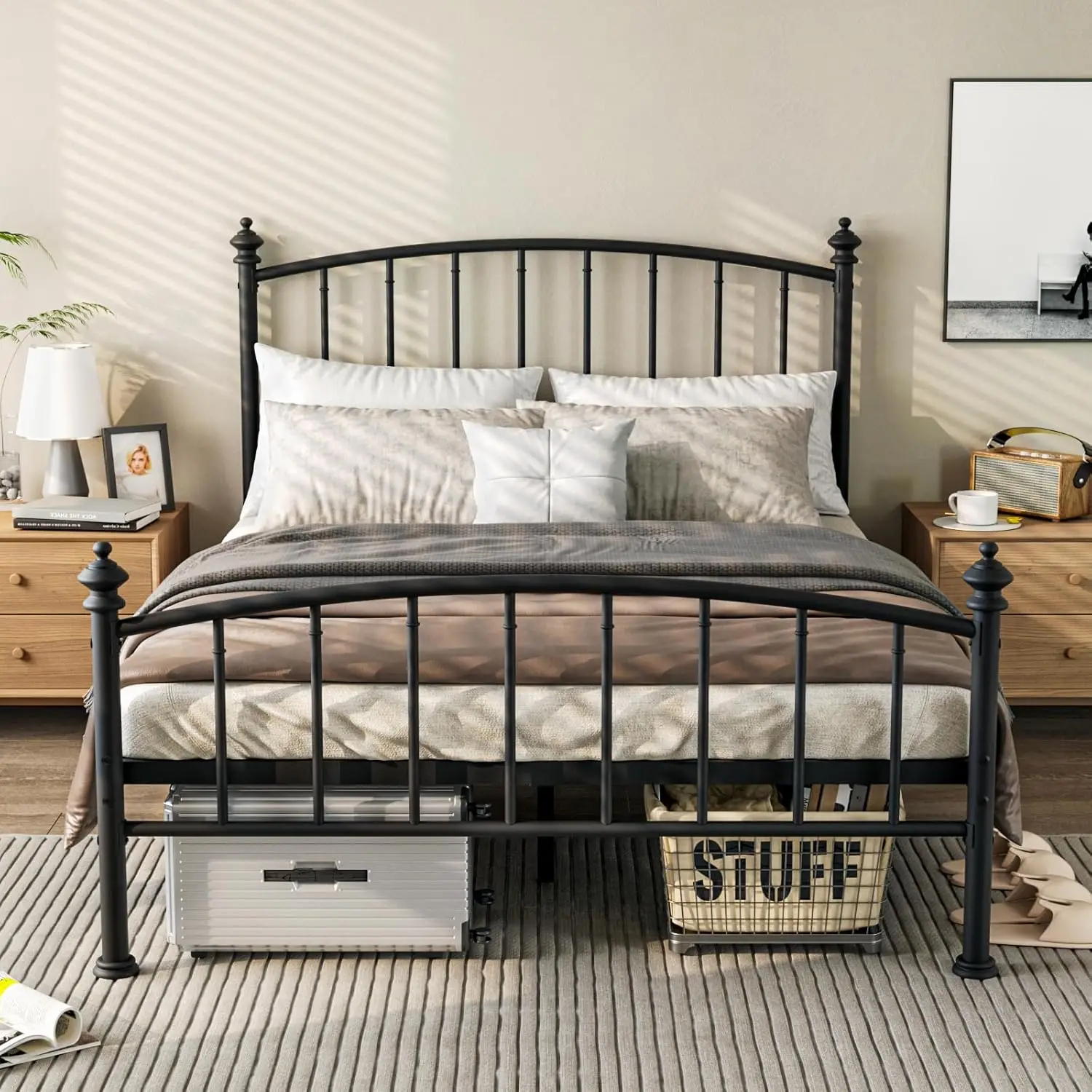 Metal Platform Bed Frame, Victorian Wrought Iron, Art Design, Mattress Foundation with Headboard and Footboard