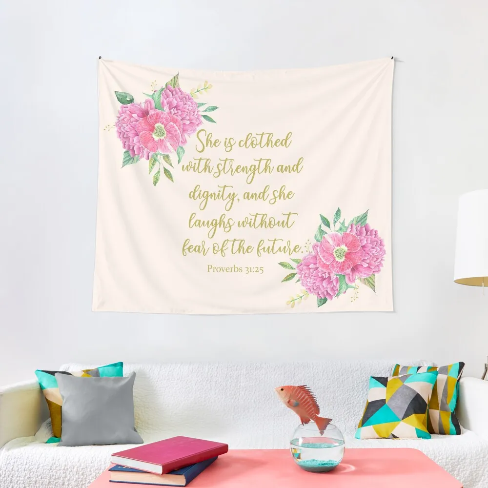 

She is clothed with strength and dignity bible verse Tapestry Room Aesthetic Decor House Decor Tapestry