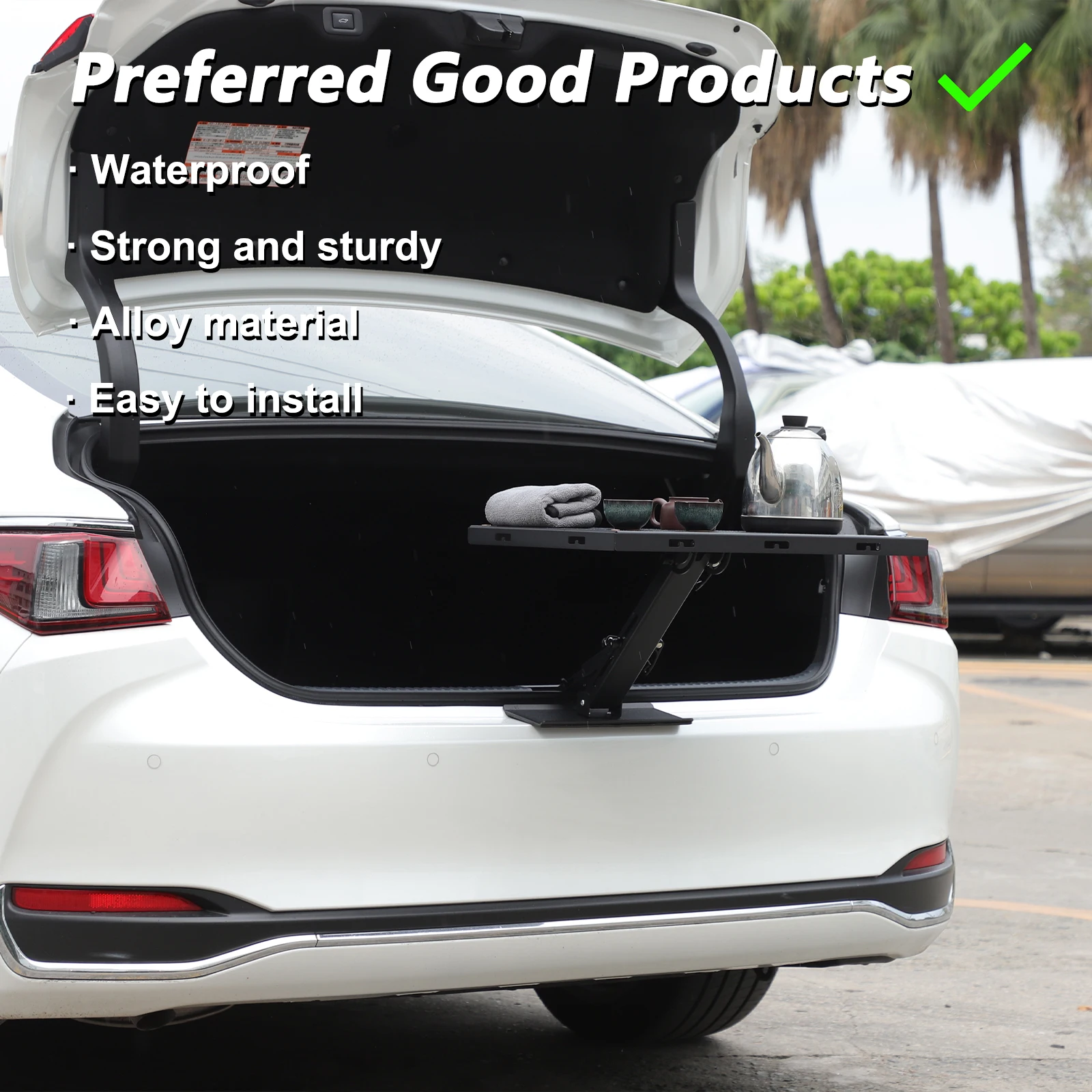 สำหรับ Lexus ES 2018-2025 ตัวล็อคฝากระโปรงท้ายรถยนต์ทำจากเหล็กกล้าคาร์บอนสีดำ ใช้เป็นโต๊ะพับได้สำหรับตั้งแคมป์กลางแจ้ง อุปกรณ์เสริมสำหรับรถยนต์