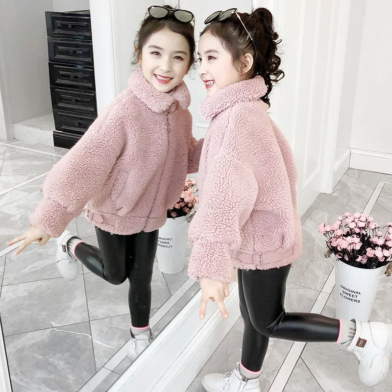 New Arrival Winter Baby Girls Fur Coats Khaki Pink Turndown Collar Toddler Cardigans Zipper Kids Outwears