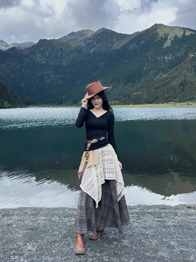 

Корейский дизайн с высокой талией, лоскутная повседневная клетчатая юбка, асимметричная юбка трапециевидной формы для женщин, осень-зима, новинка для похудения