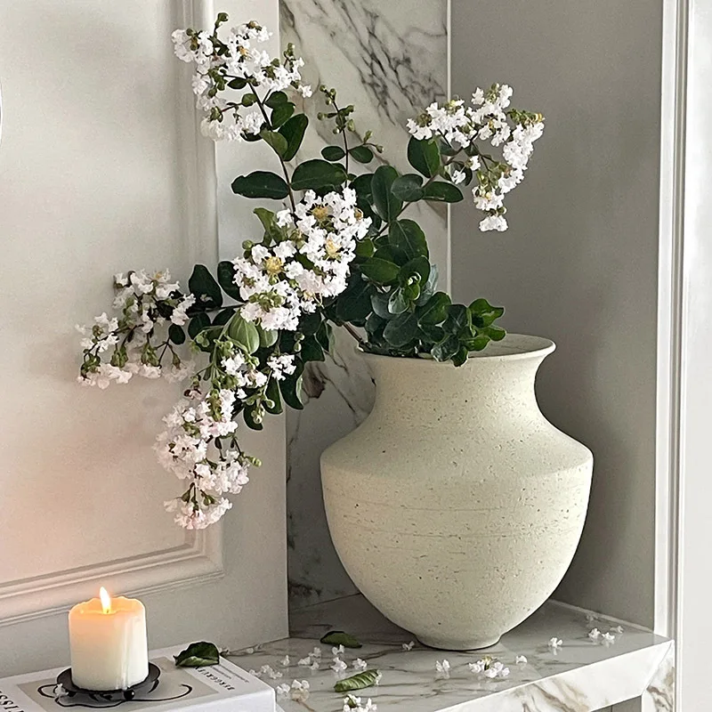 

Coarse pottery flower ware retro pottery pot large diameter clay ceramic vase ornament white green plant flower arrangement