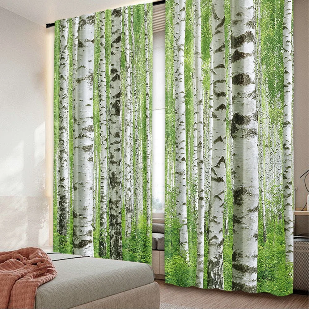 

2pcs 2D flat printing Drapes Birch Trees Forest Green Leaves Polyester Without Electricity Birthday Party for aesthetic room