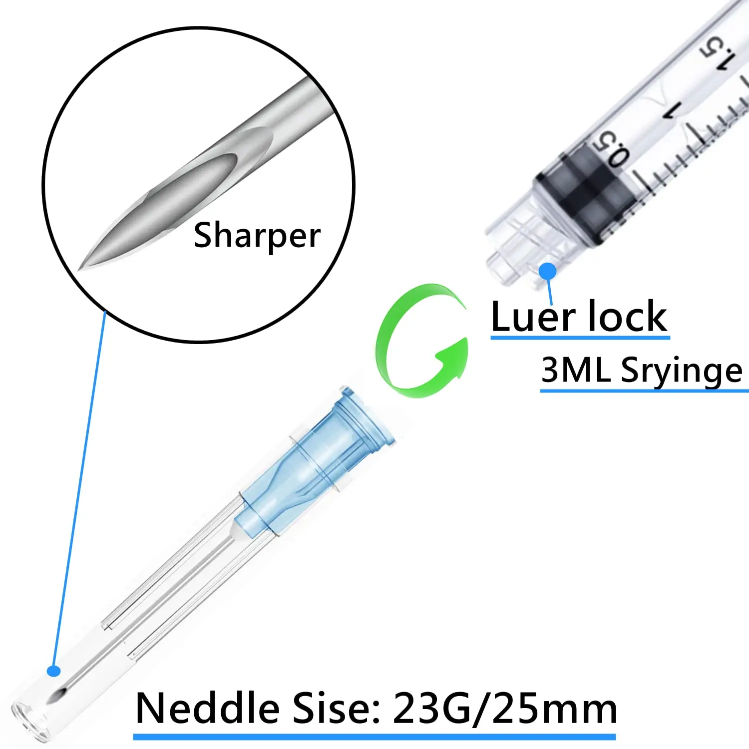 Individually Packed 100 Pack 3ml 23Ga Sterile Disposable Plastic Luer Lock Syringe Hypodermic