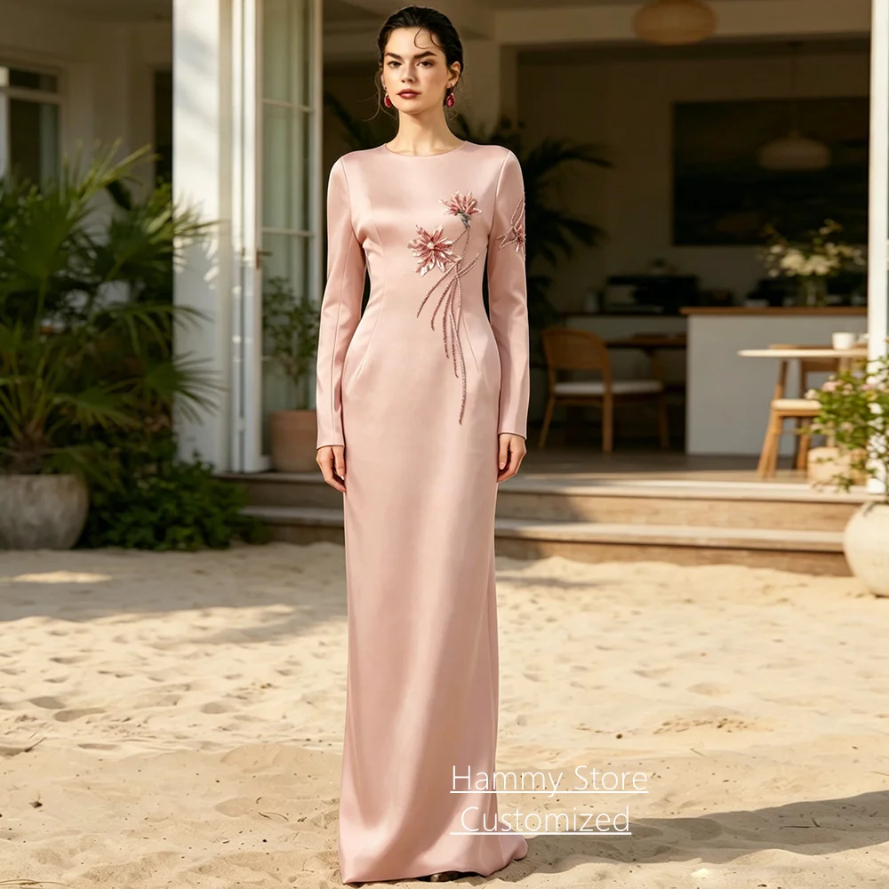 

Customized Arabic Evening Dress Round Neck Long Sleeves Sequined Crystal Floor Length Formal Prom Gown Back Split