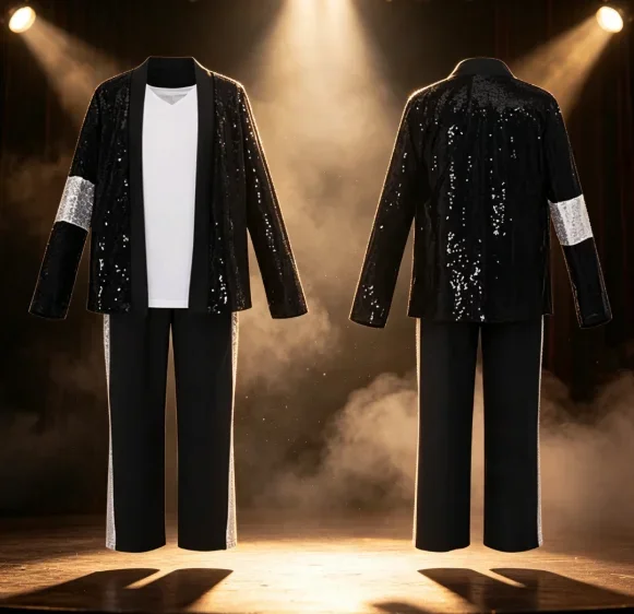 Michael Jackson Cosplay Costume Adults Black Sequin Jacket Pants Set MJ Billie Jean Stage Performance Fancy Dress Outfit