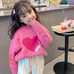 O-neck Collar Regular Length Pullover Heart-shaped Cotton Thick Sweet Fashion Comfortable Warm Winter Children Girls Sweater