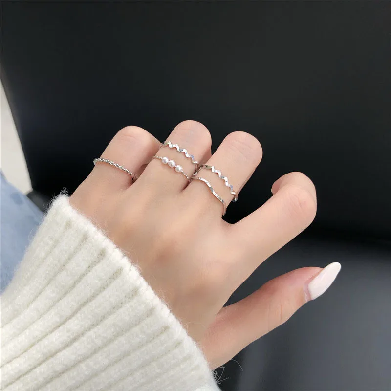 5pcs/set Women Rings Set New Boho Style Wave Shape Rings Gold Color Metal Open Rings Imitation Pearls Fingers Accessories view 6
