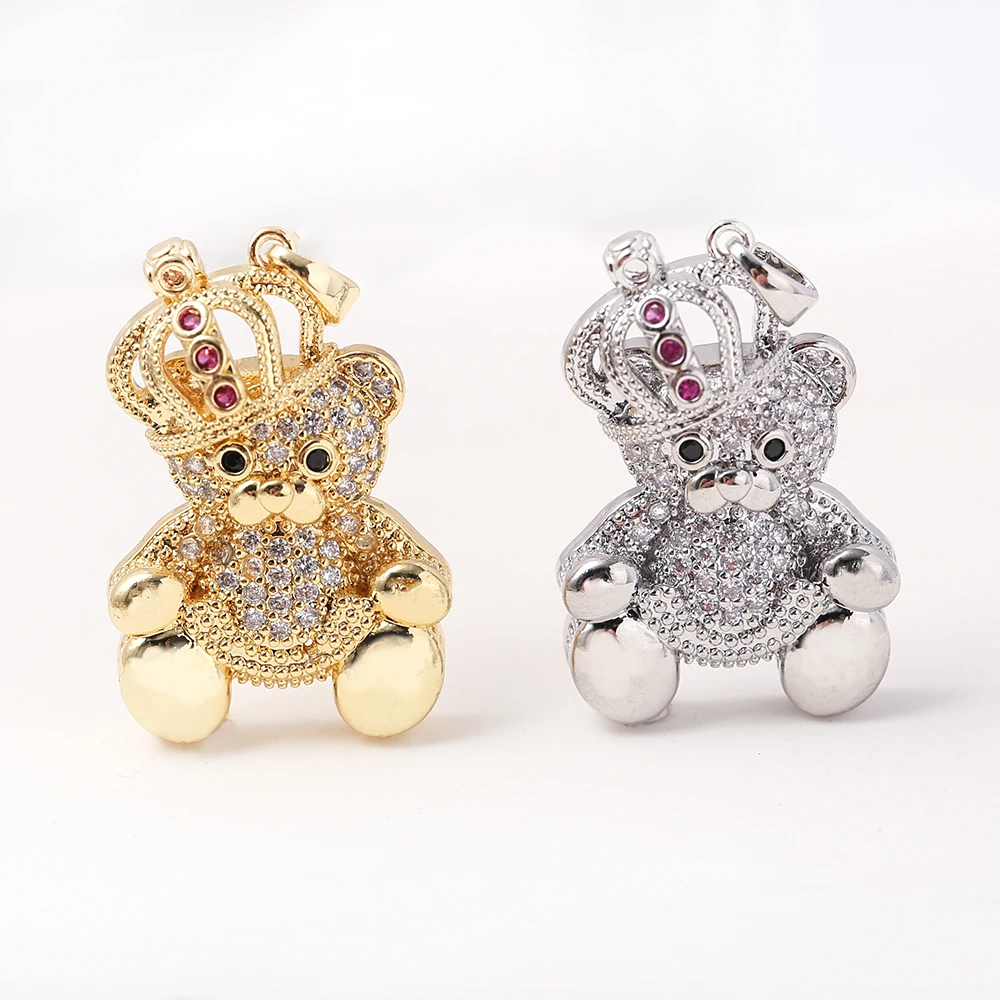 قلادة دب تاج الزركون مع كفالة ، مطلية بالذهب من النحاس الأصفر عيار 18 قيراط ، سحر دمية دب حيوان ، قلادة ذاتية الصنع ، إكسسوارات صناعة المجوهرات