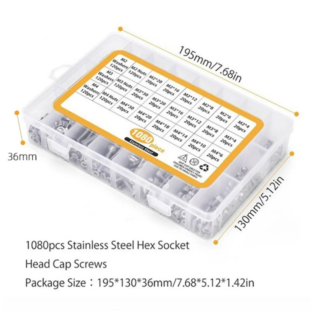 1080Pcs Stainless Steel Hex Button Socket Head Cap Screws Hexagon Thread Machine Metric Nut Bolt Assortment Kit Set M3/M4/M5
