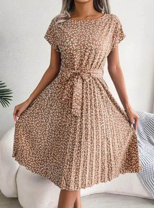 Wiosenno-letnia nowa, codzienna, plisowana spódnica z krótkim rękawem i kwiatowym wzorem, elegancka sukienka w stylu wiejskim dla kobiet