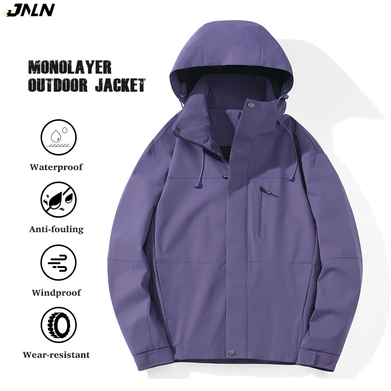 

JNLN Unisex Outdoor Climbing Jacket Waterproof Hiking Rain Coat Men Women Camping Trekking Windbreaker With Removable Hat