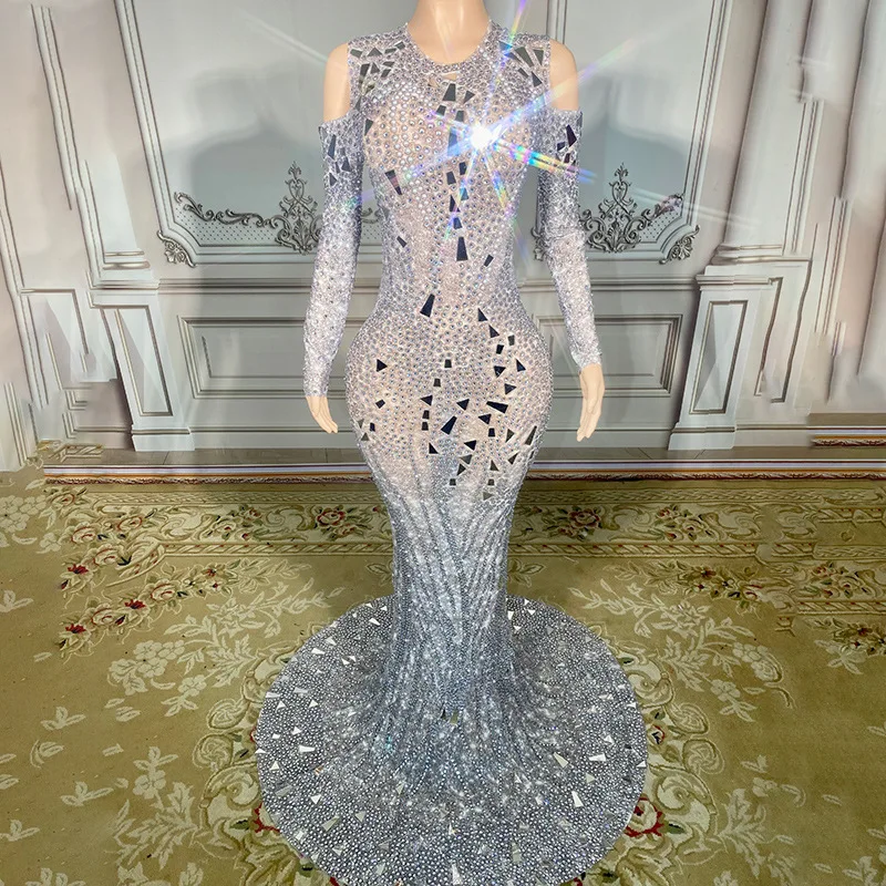 Sexy see-through multi-color rhinestone long-sleeved sequined stretchy tight-fitting dress for long performance outfit
