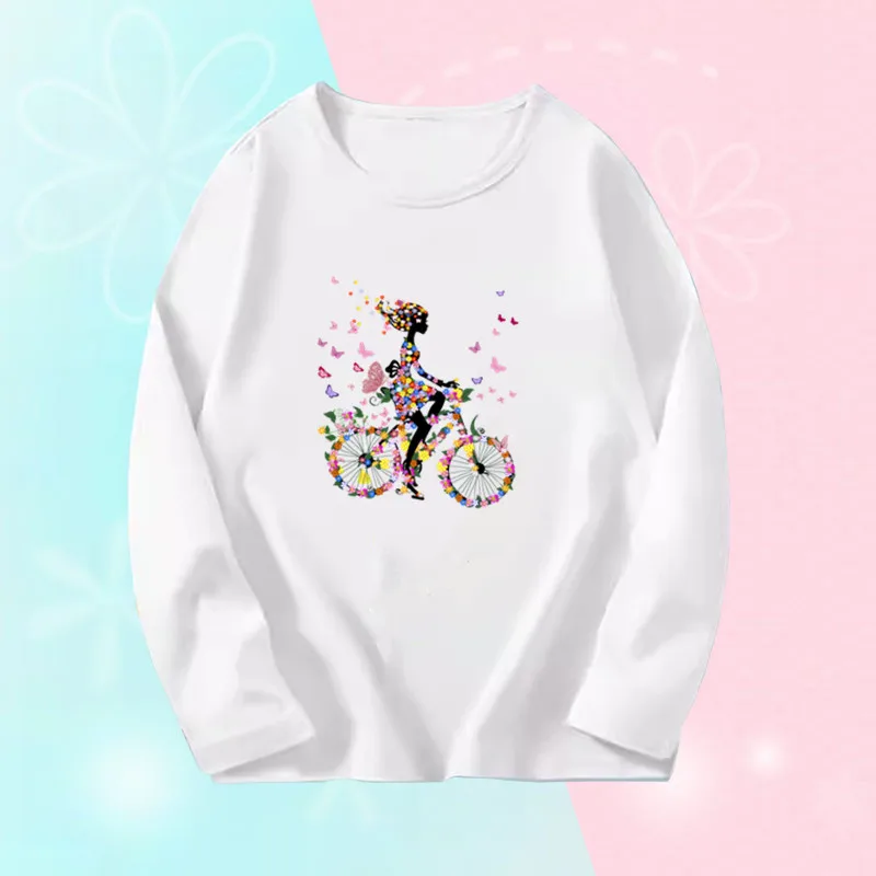 3~14Y Girl Pink Sweet T-Shirts Girl\'s Autumn Long Sleeve T-Shirts Kids Tee Tops Cute Bicycle Graphic T-shirts