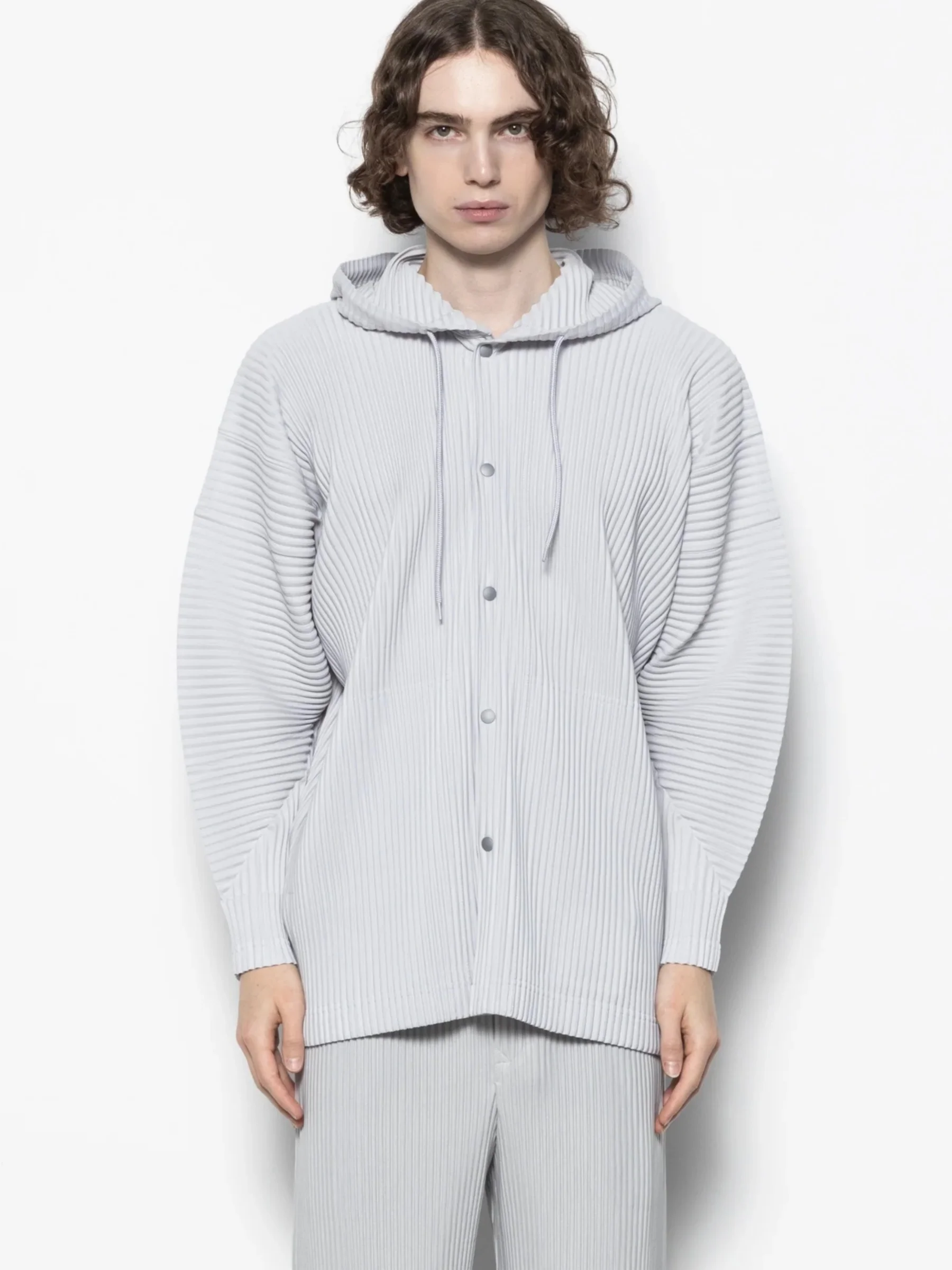 Miyake Japanese Minimalist Pleated Plisse Hooded Cardigan Men Button Down Long Sleeve Loose Fit Side Pockets Wrinkle Resistant C