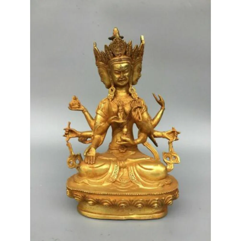 

11" Tibet Buddhism Bronze gilt 3 head 8 arms Namgyalma & Ushnishavijaya Buddha T