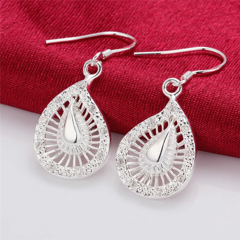 925 Sterling Silver Hollow Round Water Droplet Drop Earrings For Women Jewelry Fashion Engagement Wedding Accessories