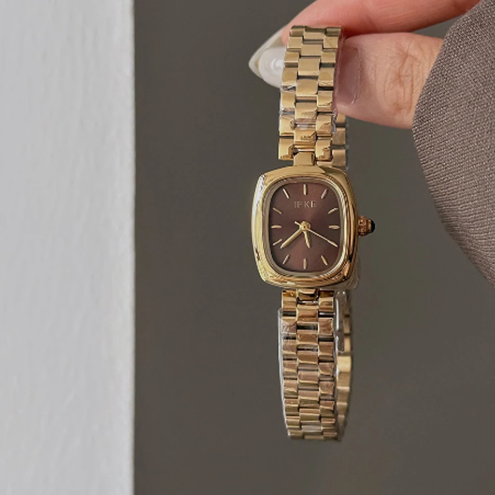 Fashion temperament minimalist luxury rectangular dial with gold steel belt with quartz women's watch
