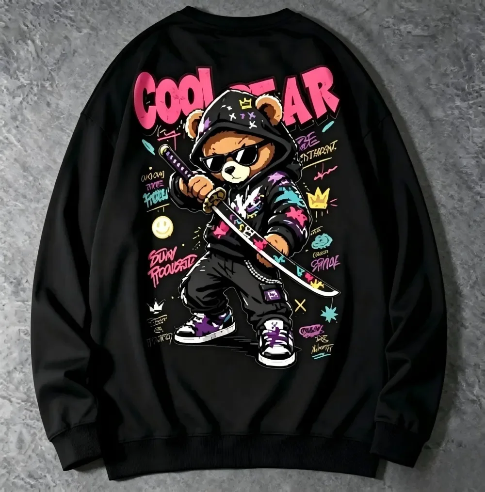 New Men's Autumn Teddy Bear Warrior Knife Printed Micro Elastic Comfortable Round Neck Long Sleeve T-shirt Outdoor Street Top