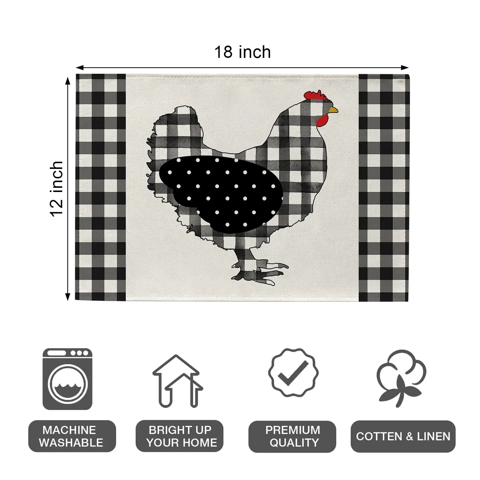 Farm Chicken Hen Animal Placemats Set of 4, Black White Buffalo Check Plaid Farmhouse Chick Dining Table Place Mats,12 x 18 Inch