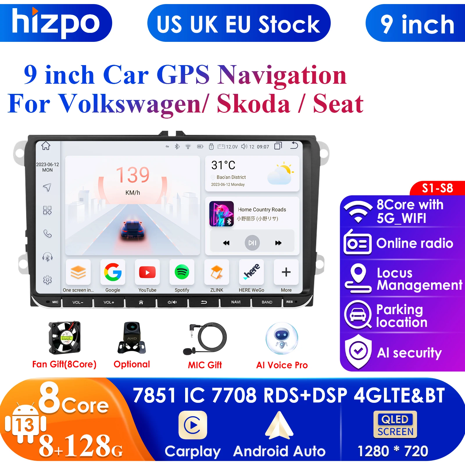 Carplay 4G 9 inch 2Din Android 13 Car Multimedia Player For Volkswagen Skoda Octavia Golf 5 6 Touran Passat Polo Jetta Autoradio