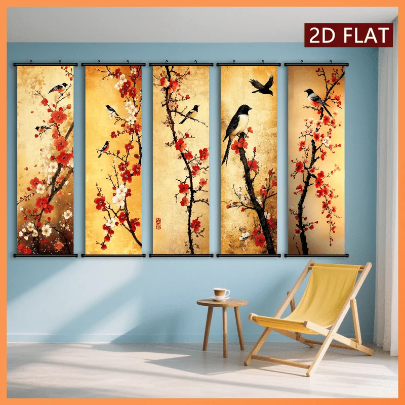 VIKAMA 5 Pcs Red Plum Blossom Bird Wall Scroll Tapestry Chinese Floral Poster Hanger Vertical Art for Living Room Bedroom Decor