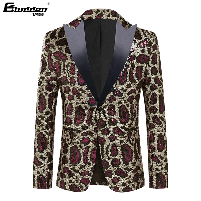 Men Leopard gradient Sequins Fashion Blazer Masculino Men Suit Jacket Stage Singer Costume Shiny Leopard texture Sequins Blazers