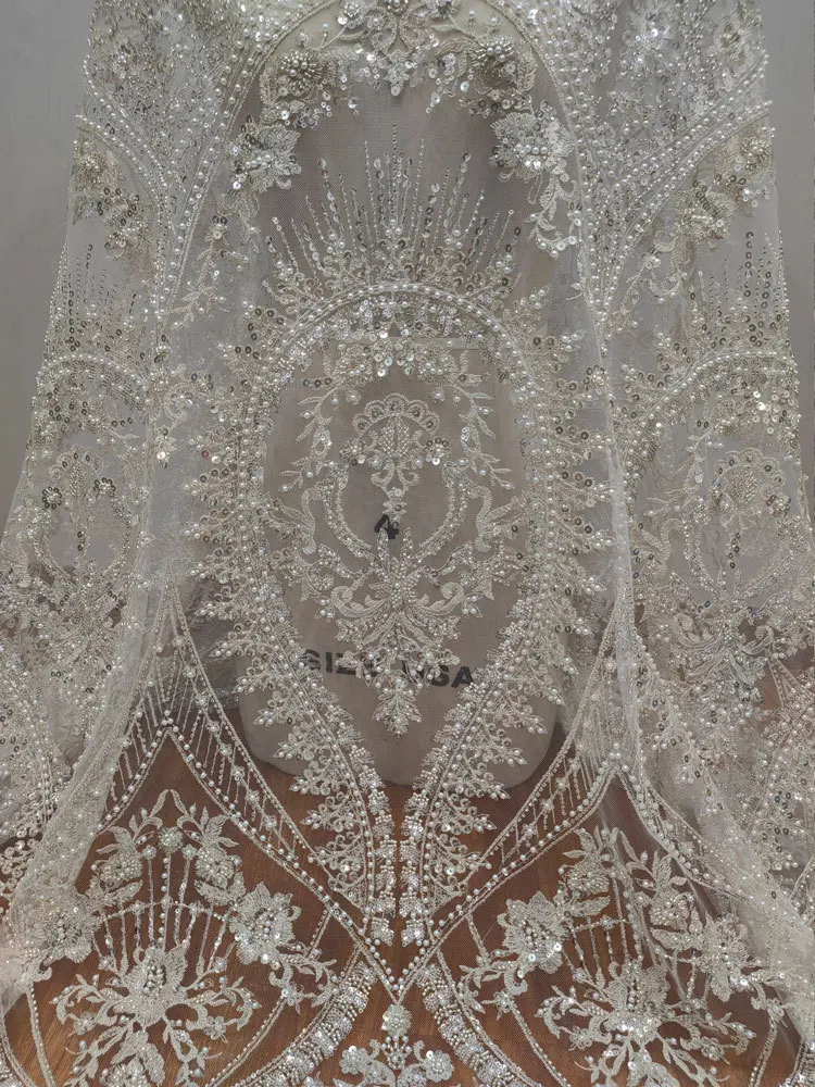 1yard white High-density Mesh Gauze Fabrics for clthing FLuxury nail embroidery lace Fabric DIY Wedding Dress accessories tela