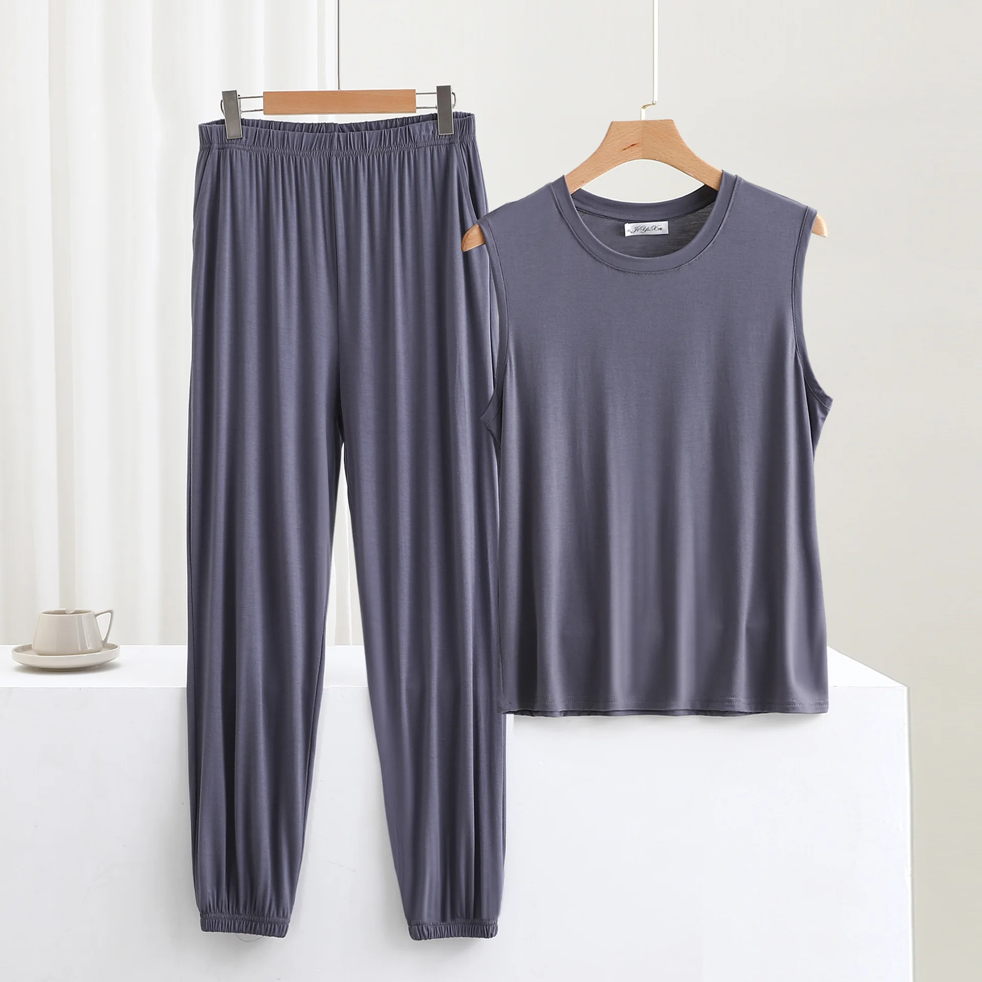 3XL-6XL Plus Size Modal Sleeveless Shirt Trousers Set Casual Summer Pajamas For Men Sleepwear Home Clothes Pyjamas Homme