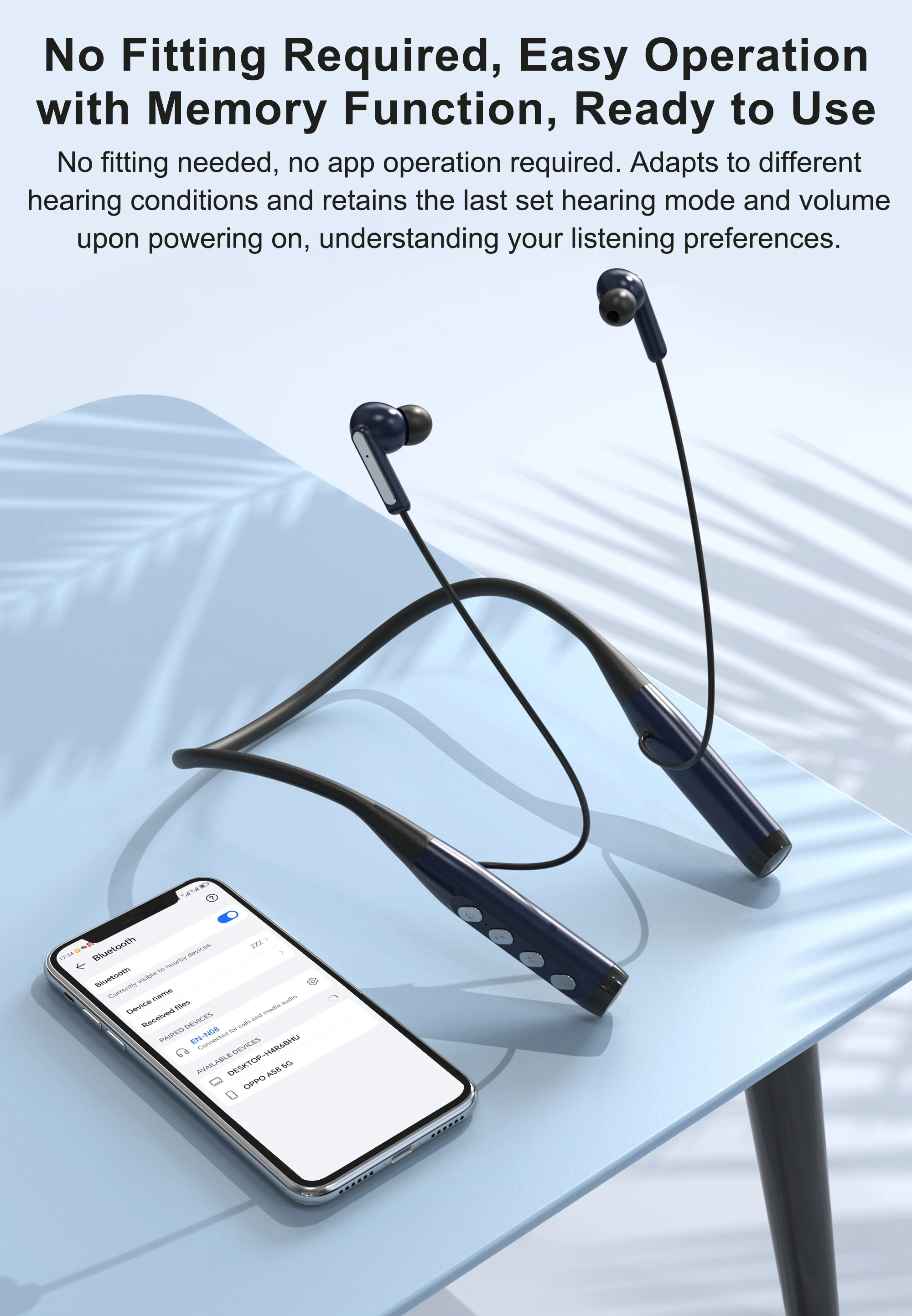 TingDJ NeckBand Bluetooth Hearing Amplifier, 120hours Using, No Whistling, No Friction Noise, EN-N08