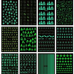 1 blatt Glow in The Dark Nail art Aufkleber Schneeflocken Flamme Alten Englisch Alphabet Pentagramm Schmetterling Linie Herz Stern Blatt decals