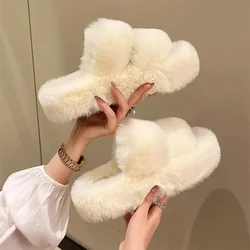 Winter Fluffy Slippers Women 2024 New House Home Fur Slippers For Women Flat Platform Cozy Fuzzy Indoor Shoes Korean Slides