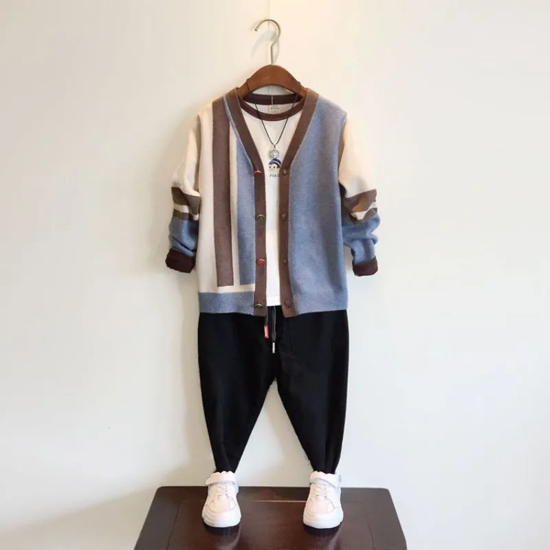 

Полосатый кардиган для мальчиков, свитер, весна-осень 2022, детская вязаная куртка в корейском стиле, верхняя одежда, размеры для малышей