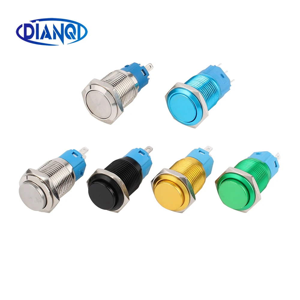 1pc 16mm Mini Metal Push Button Switch Waterproof Momentary Self Reset Oxidation Blue Green High Flat Round 3A/250V